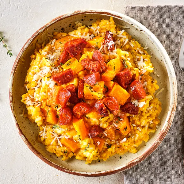Risotto de potimarron au chorizo croustillant