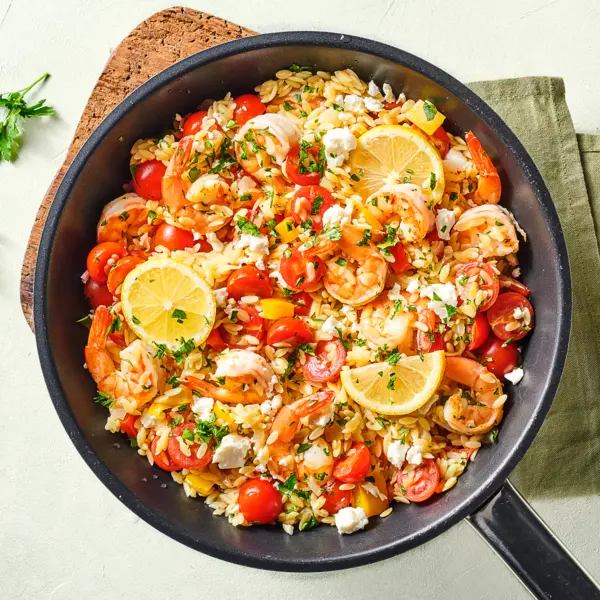 Orzo méditerranéen aux crevettes