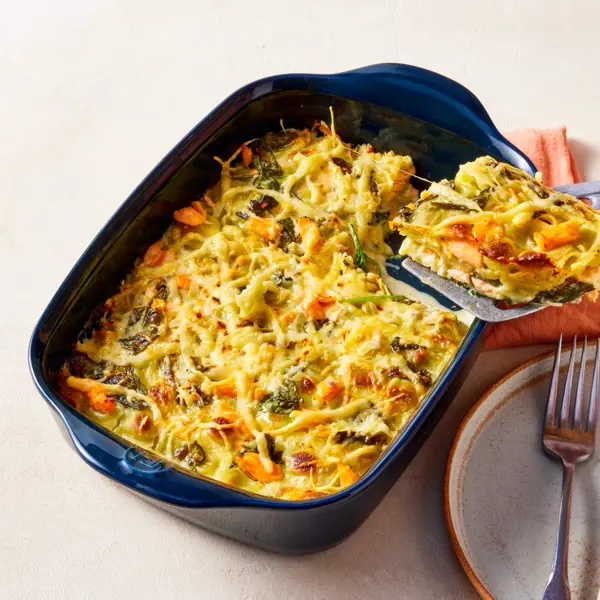 Lasagne de ravioles à la truite et aux épinards crémeux