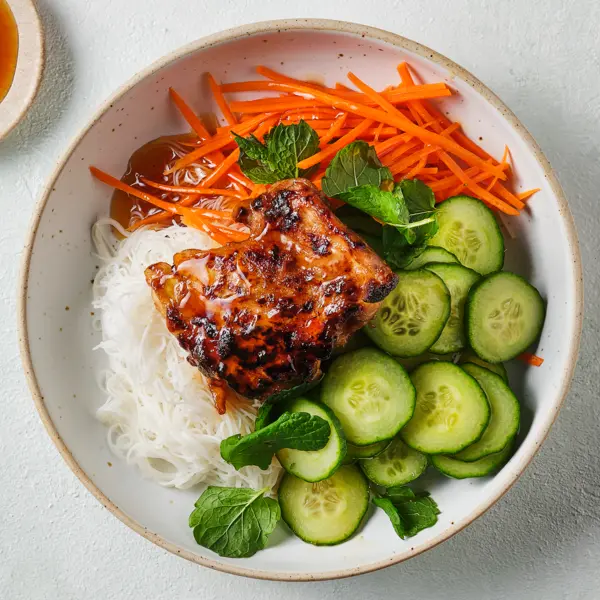 Poulet à la chinoise, nouilles et légumes