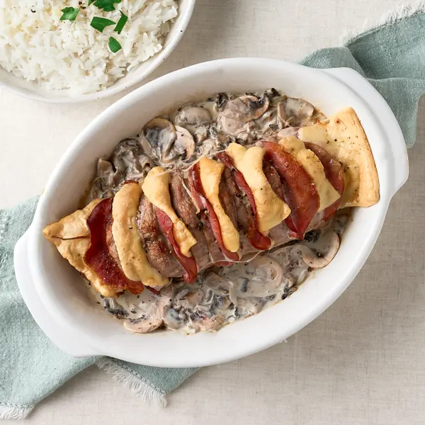 Rôti de veau Orloff, champignons et riz