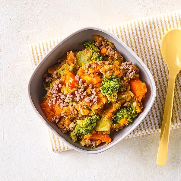 Purée de patate douce, brocoli et bœuf haché