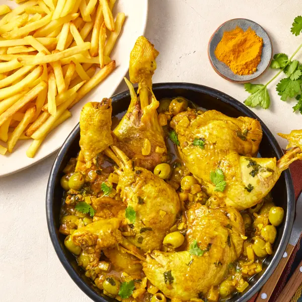 Tajine de poulet aux olives & frites
