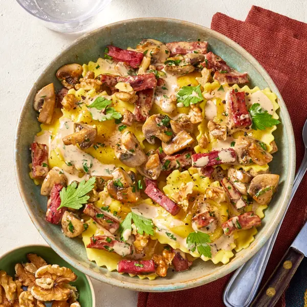 Raviolis aux 4 fromages, canard & champi