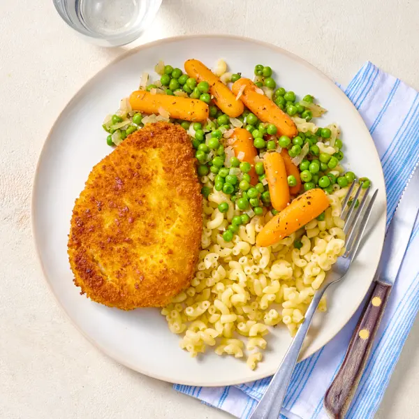 Cordon bleu, petits-pois et coquillettes