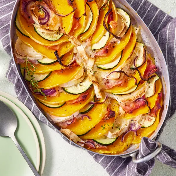 Tian de légumes d'automne, lard & chèvre