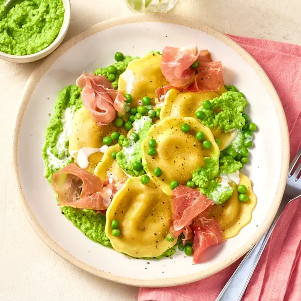 Raviolis aux cèpes & crème de petits-pois