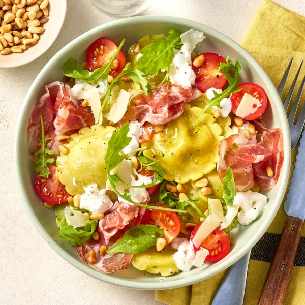 Raviolis tomates cerises, burrata & coppa