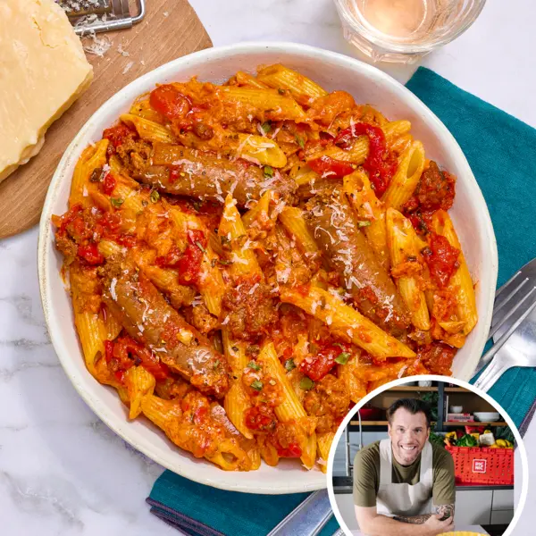 Penne aux merguez et poivrons confits
