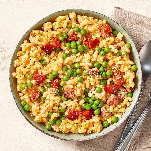 Pâtes au chorizo, pois & fromage