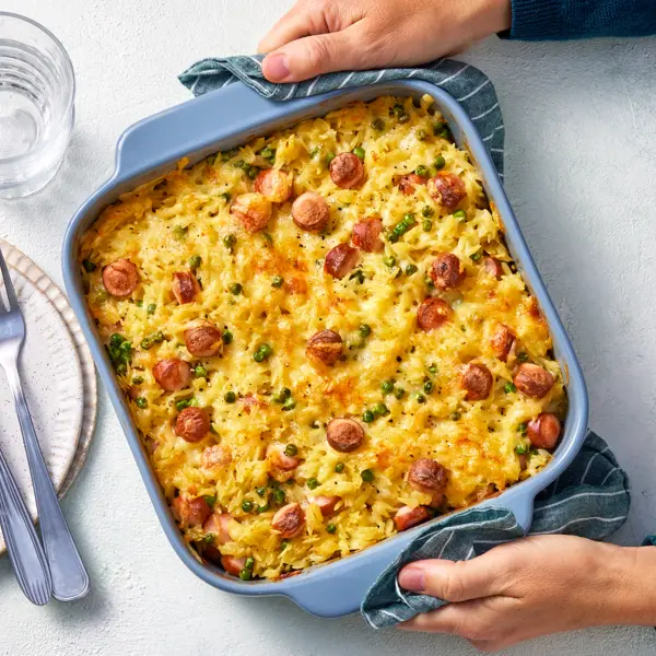 Gratin d'orzo aux knackis & petits-pois