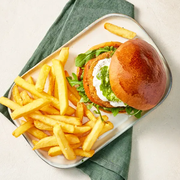 Burger d'aubergine, pesto, burrata