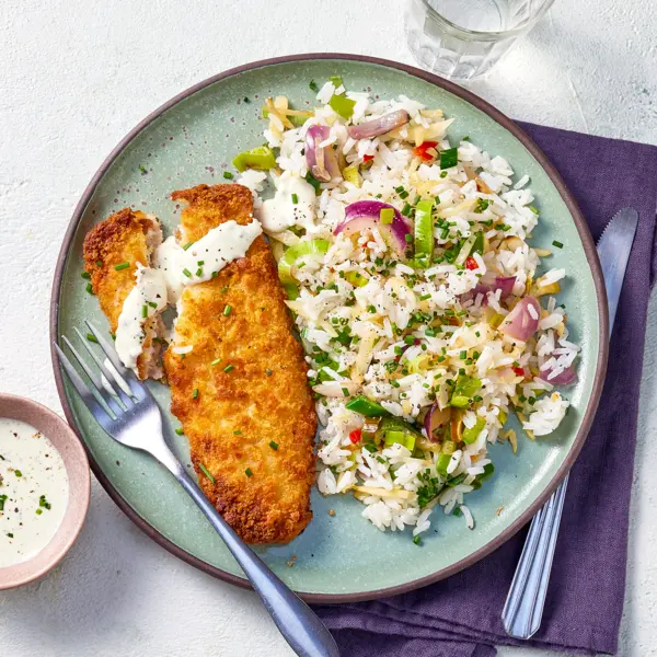 Poisson pané sauce Boursin et riz aux petits légumes