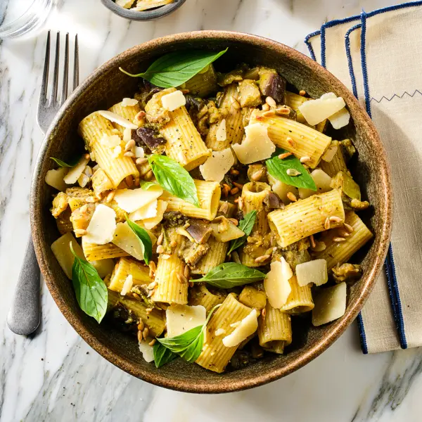 Rigatoni aubergine et pesto miso avec pignons de pin