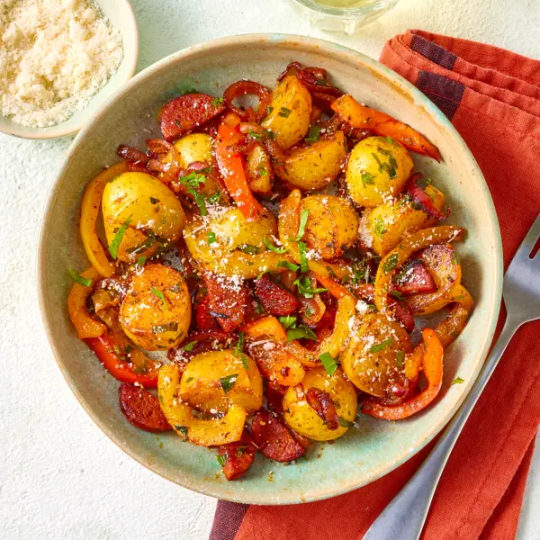 Grenailles sautées à l'espagnole chorizo et poivron