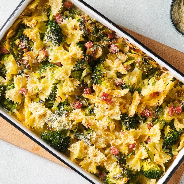 Gratin de farfalles poireaux-jambon
