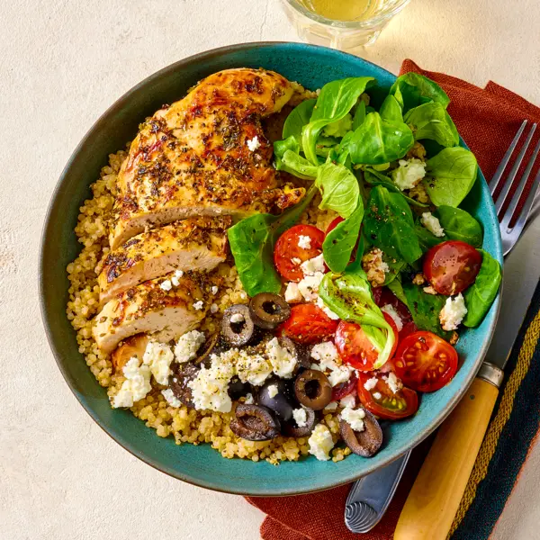 Bowl poulet grillé origan et légumes méditerranéens