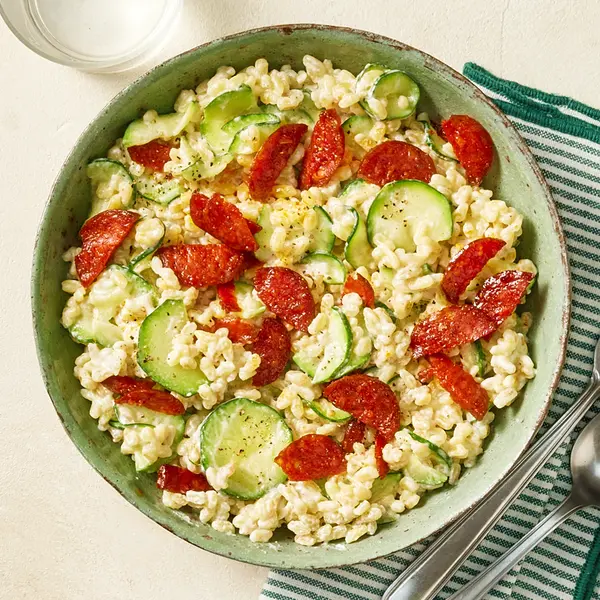 Blé, crème de courgette et chorizo