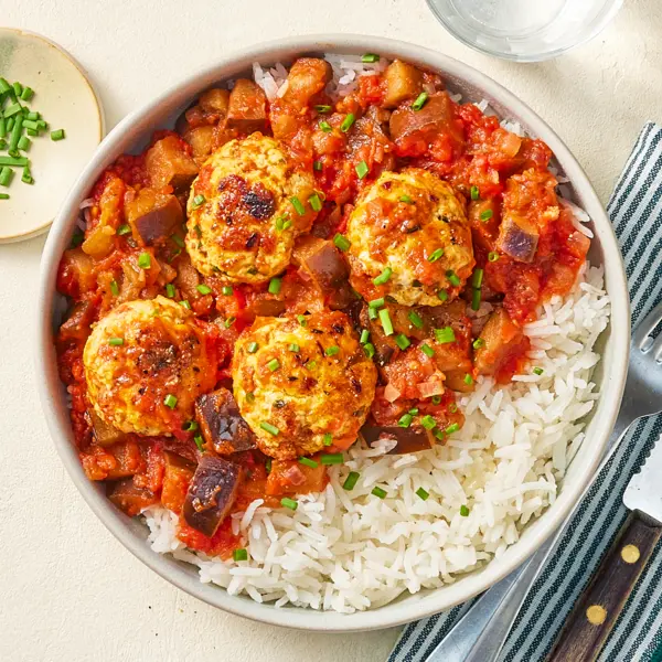 Boulettes de poulet, chorizo & aubergines