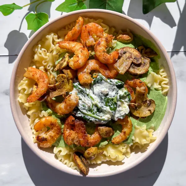 Pâtes crémeuses au Boursin, épinards et crevettes