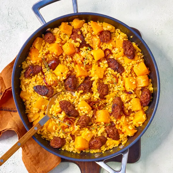 Blé aux merguez grillées et potimarron fondant