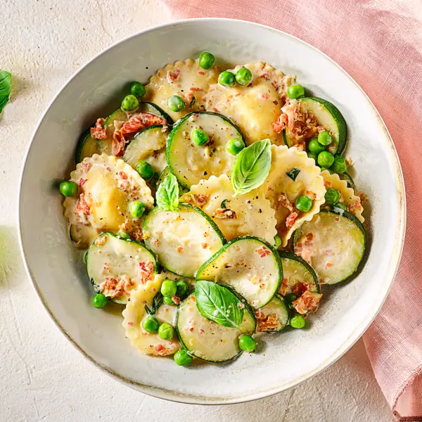 Girasoli pancetta, petits pois et courgette