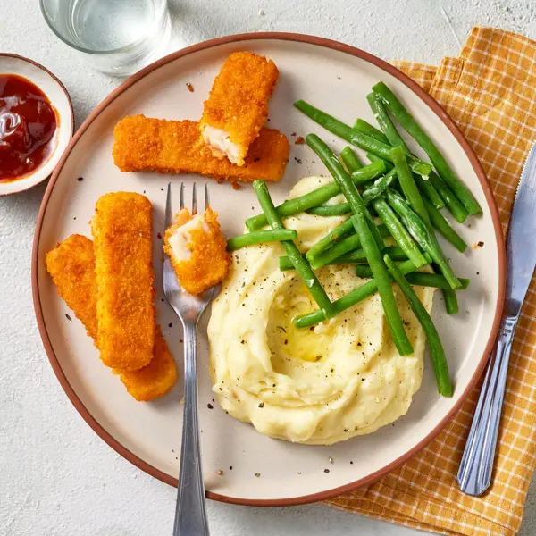 Poisson pané, purée & haricots verts