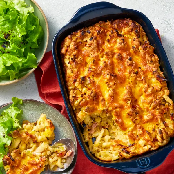 Gratin de spaetzle aux lardons & poireaux