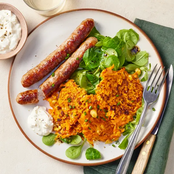 Galette de patate douce, saucisse & féta