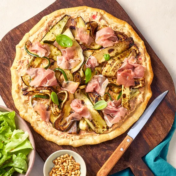 Tarte ktipiti, légumes rôtis et jambon de parme