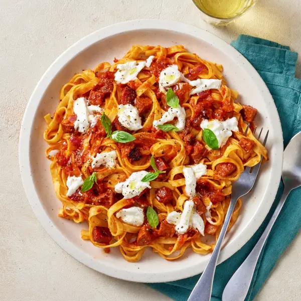 Tagliatelles sauce chorizo & burrata