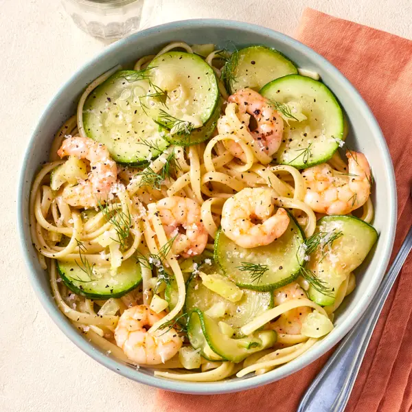 Linguines aux crevettes, courgette & citron confit