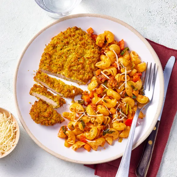 Milanaise aux légumes sautés & coudes rayés
