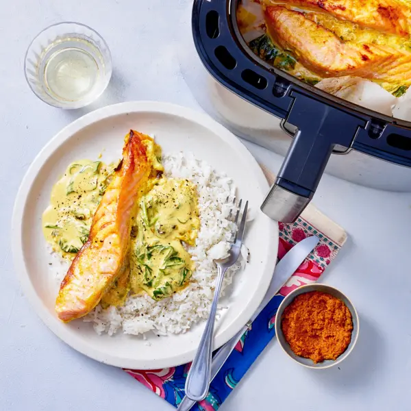 Curry de saumon crème coco épinards