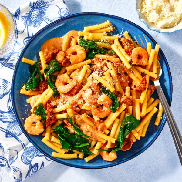 Macaronis aux gambas façon toscane aux tomates séchées