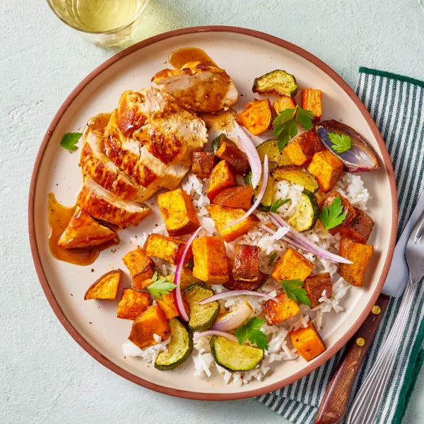 Poulet miel-moutarde & légumes grillés