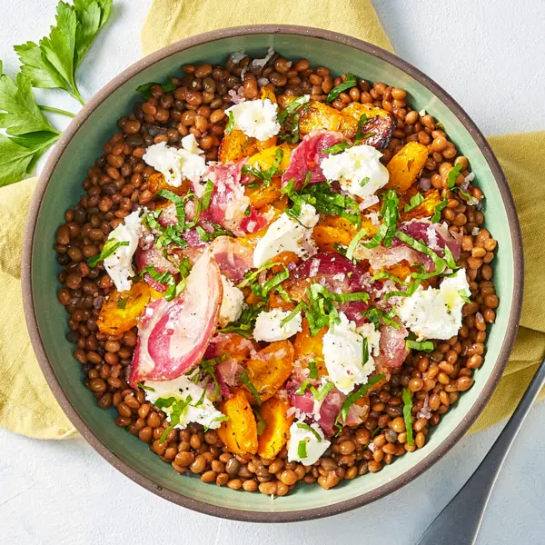 Salade de lentilles, pancetta & chèvre