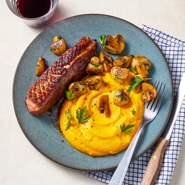 Canard, purée carottes-potiron & champignons