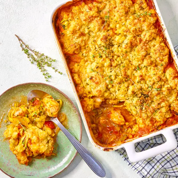 Crumble salé poulet et courgette à la sauce tomate