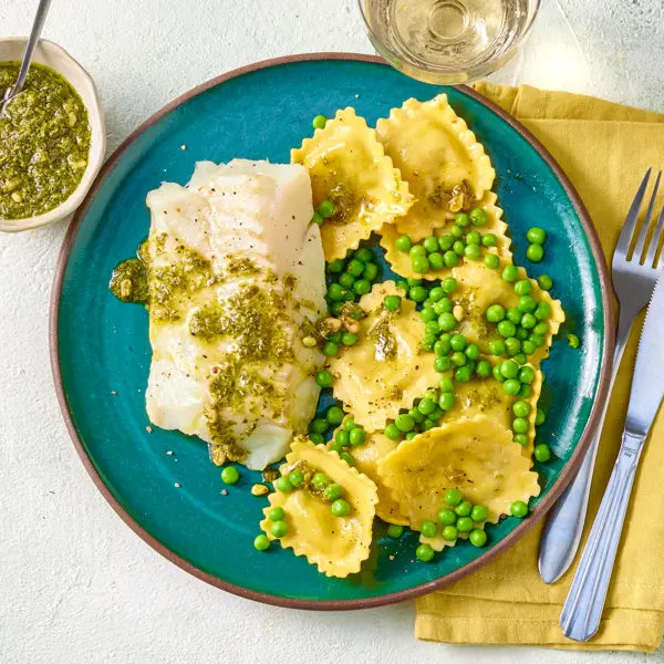 Poisson blanc et raviolis sauce pesto