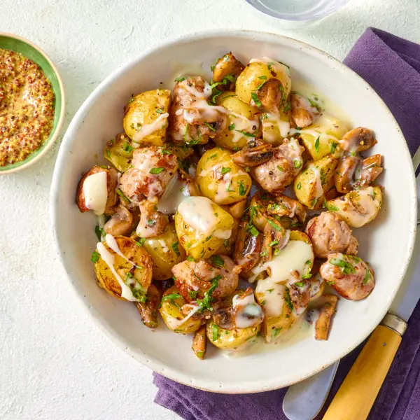 Poêlée de pommes de terre et saucisses à la cancoillotte