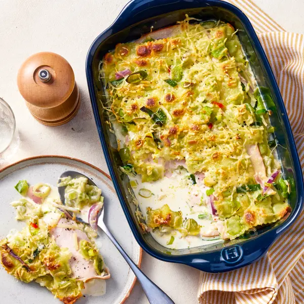 Gratin de ravioles aux légumes et blanc de dinde