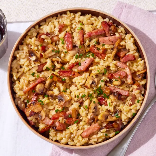 Blé crémeux au lard & champignons