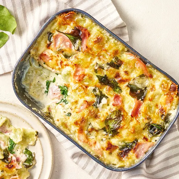 Gratin de ravioles jambon épinards