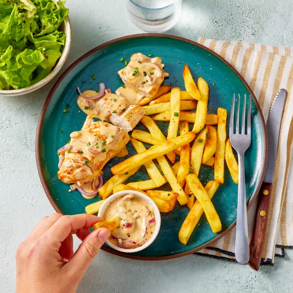 Poulet frites sauce miel moutarde