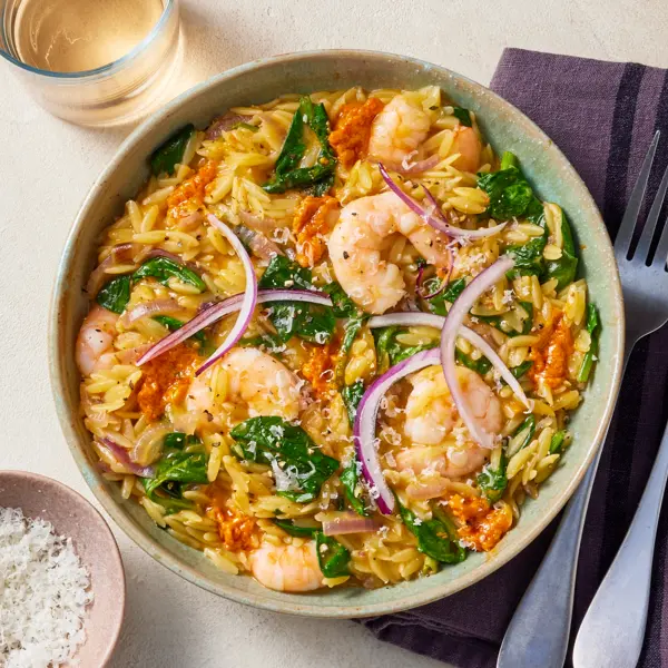 Orzotto pesto rosso & crevettes