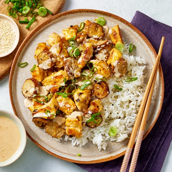 Poulet aubergines à la japonaise et sauce tahini
