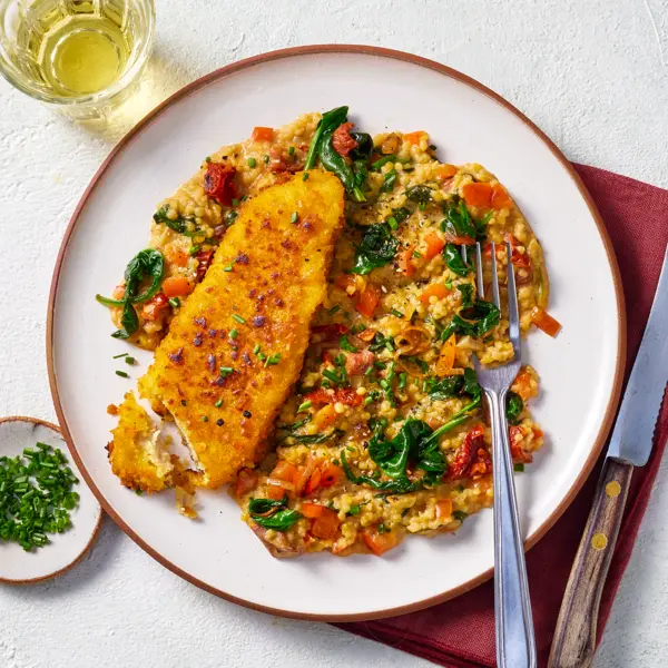 Poisson pané & perlotto aux légumes