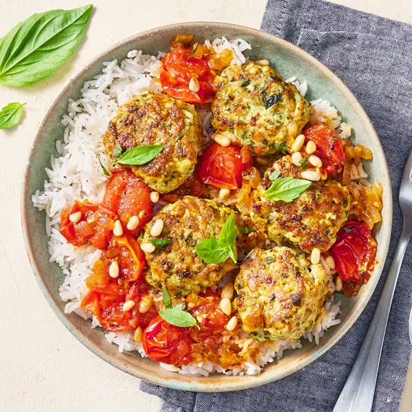 Boulettes de poulet au basilic & riz