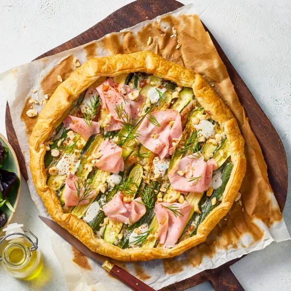 Tarte mini courgettes, mortadelle & roquefort